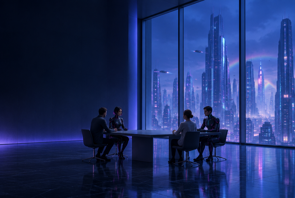 A high rise office at blue hour looking onto a futuristic city, where robots and people work at the same desks.